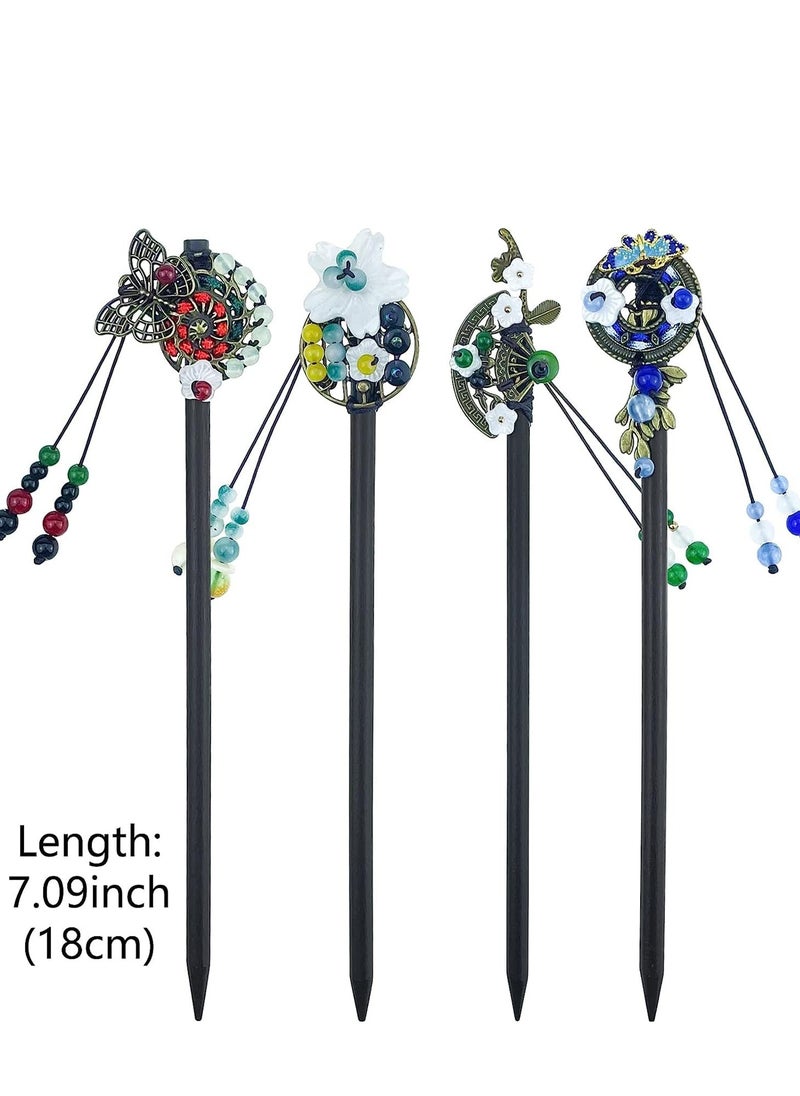 4 Pcs Retro Chinese Wooden Hair Sticks, Vintage Hairpins with Butterfly and Flower Design, Classic Hair Chopsticks for Long Hair Women