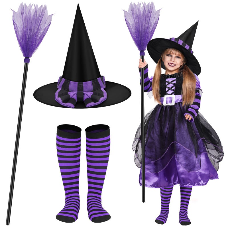 4 Pcs Halloween Fairytale Witch Cute Witch Costume Witch Hat Broom Tutu Striped High Stockings for Kids Girls Purple Large