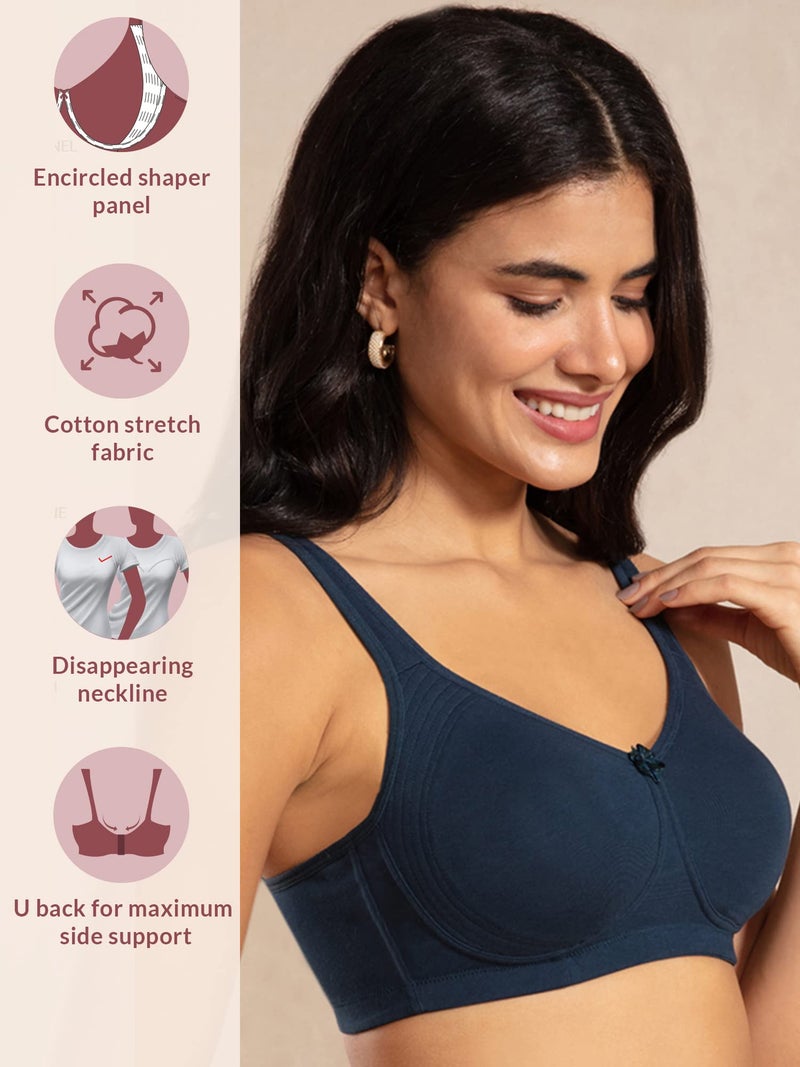 NYKD Everyday Cotton Bra for Women - Encircled with Love | Non-Padded | Wirefree | Full Coverage with Side Support Shaper (NYB169) French Navy, 42C, 1N - Image 2