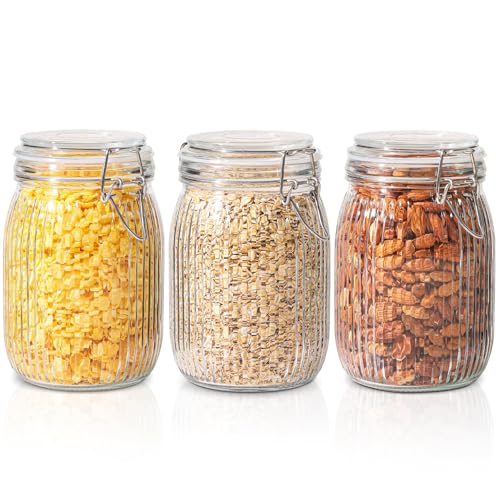 Ash  Roh Ash & Roh Airtight Transparent storage jar with Rubber Seal lid and Clip Lock - Perfect for Kitchen Canning, Fermenting, and Storing Dry Food, Spices, Tea, Snacks, Sugar, and More (pack of 3, 1000 ml) - Image 1
