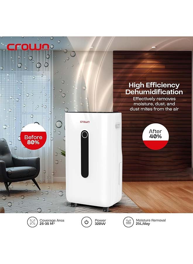 Crownline Dehumidifier, 25L/Day, Digital Humidity Display, Auto Drainage option, Sleep Mode, Washable Filters, 24H Timer, Continuous Dehumidification, Rotatable Wheels for Easy Mobility MD-395 White - Image 4