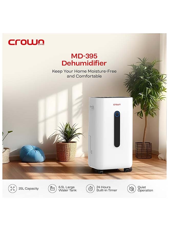 Crownline Dehumidifier, 25L/Day, Digital Humidity Display, Auto Drainage option, Sleep Mode, Washable Filters, 24H Timer, Continuous Dehumidification, Rotatable Wheels for Easy Mobility MD-395 White - Image 3