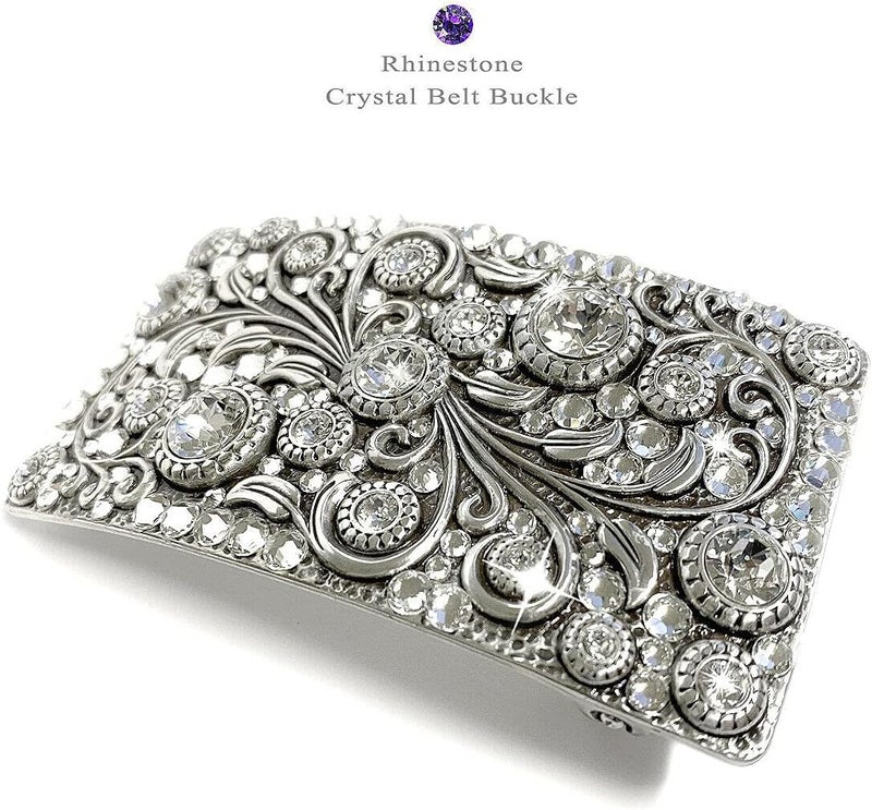 Belts.com HA0850 Rhinestone Crystal Belt Buckle Antique/Brass Rectangle Floral Engraved Buckle - Image 3