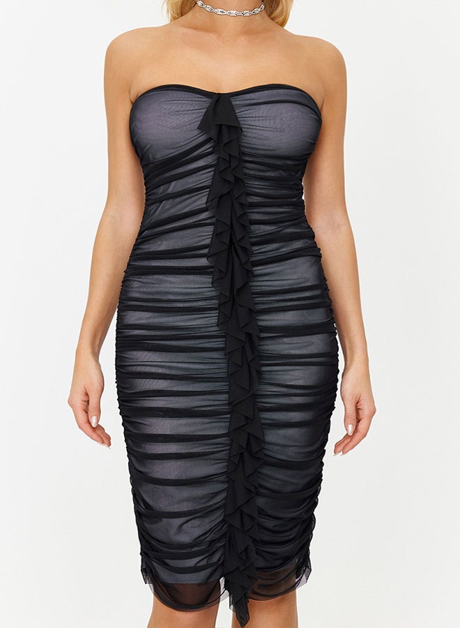 trendyol Black Fitted Knitted Gray Contrast Lined Tulle Elegant Evening Dress TPRSS24EL00031  - Image 4