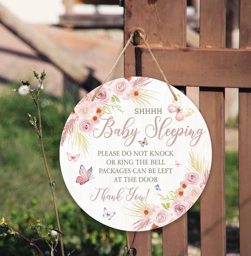 ARS Graphics ARS® Shhh Baby Sleeping Hanging Sign - Floral Wooden Round Door Hanger for Nursery - Image 3