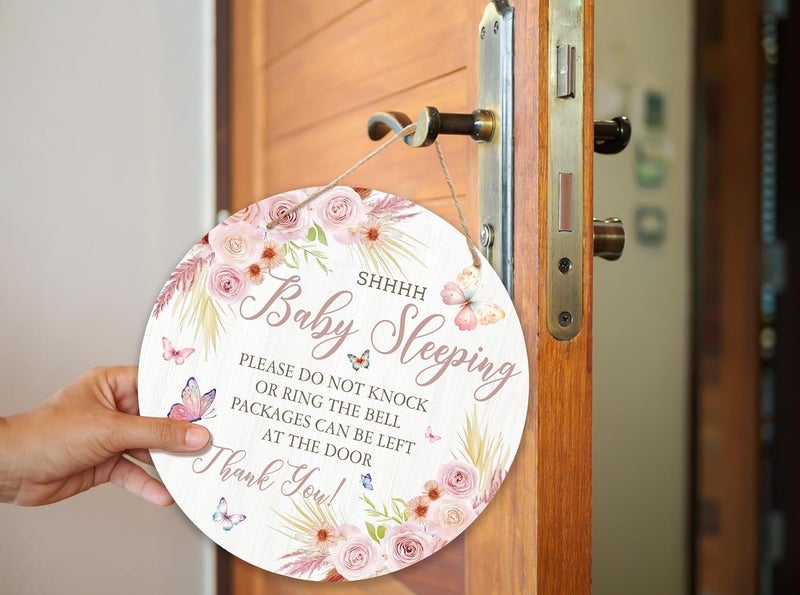 ARS Graphics ARS® Shhh Baby Sleeping Hanging Sign - Floral Wooden Round Door Hanger for Nursery - Image 4