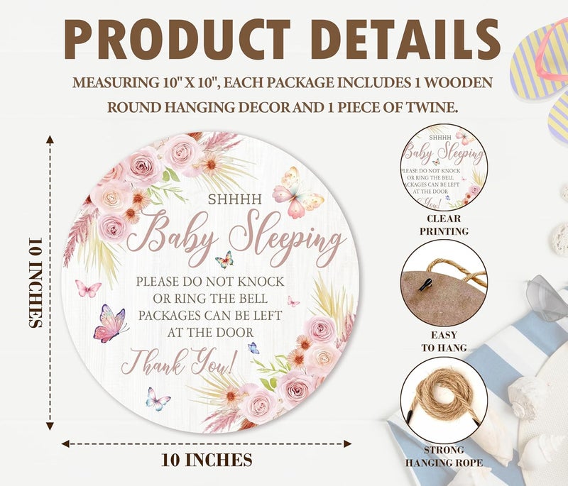 ARS Graphics ARS® Shhh Baby Sleeping Hanging Sign - Floral Wooden Round Door Hanger for Nursery - Image 2