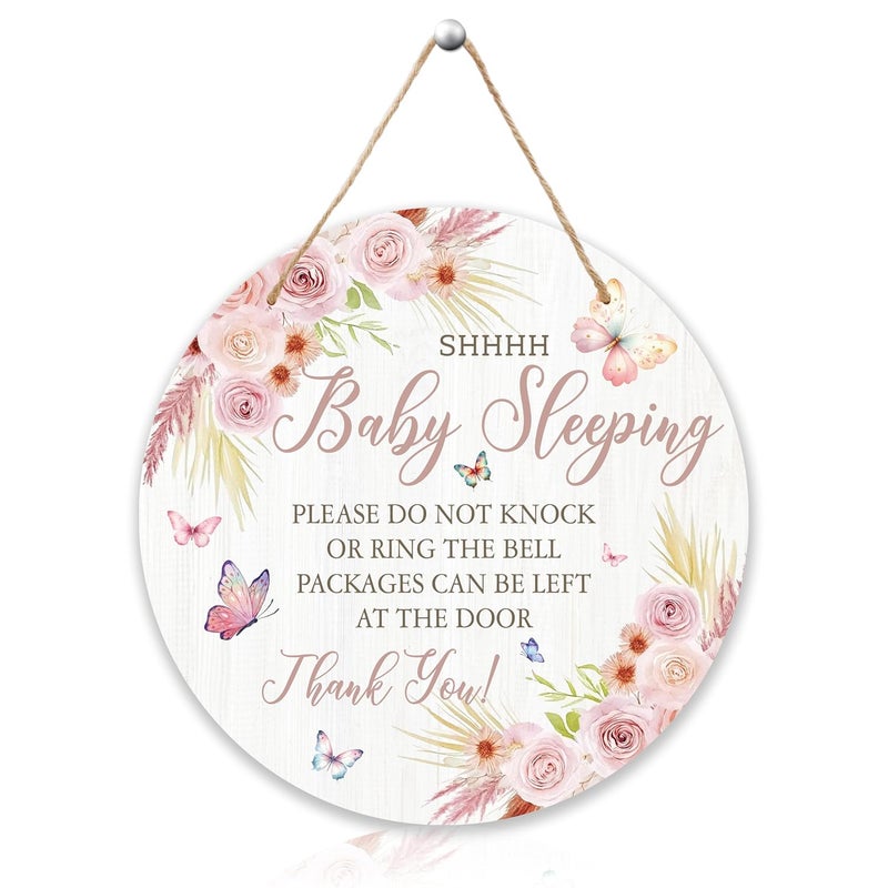 ARS Graphics ARS® Shhh Baby Sleeping Hanging Sign - Floral Wooden Round Door Hanger for Nursery - Image 1