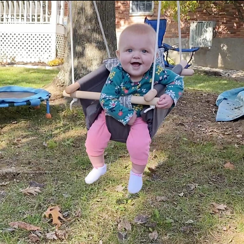 RELEMTRA RELEMTRA Secure Canvas and Wooden Baby Hanging Swing Seat Chair Indoor and Outdoor Hammock Backyard Outside Swing Kids Toys Swings 636 Months with Natural Wooden Ring and Cat Cushion Dark Gray  - Image 4