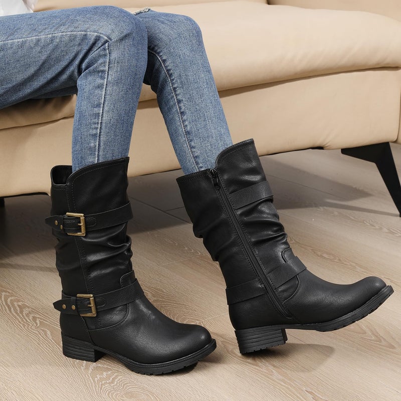 GLOBALWIN Womenâ€™s Mid Calf Boots Black Fashion Moto Boots For Women With Buckle Straps, Side Zipper, And Low Block Heel â€“ Biker Boots For Fall Spring Winter Size 8.5M - Image 3