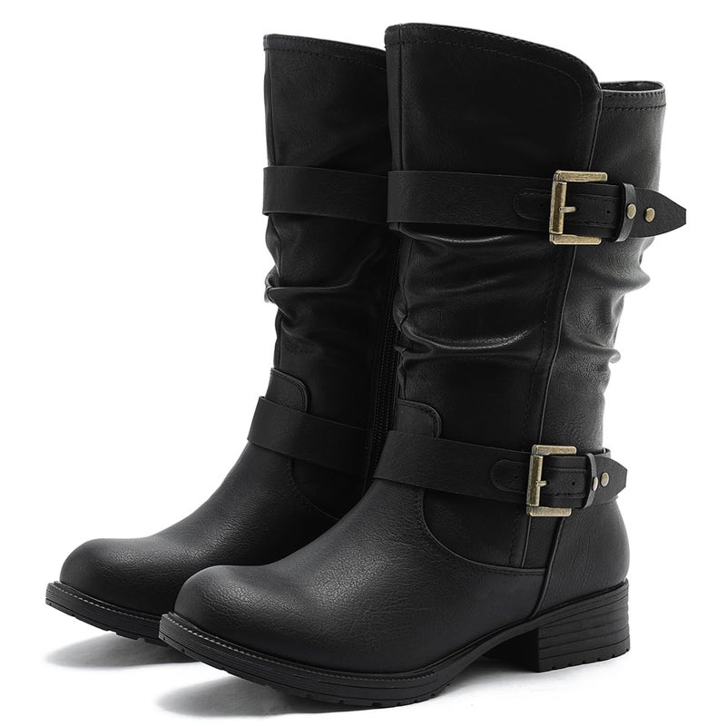 GLOBALWIN Womenâ€™s Mid Calf Boots Black Fashion Moto Boots For Women With Buckle Straps, Side Zipper, And Low Block Heel â€“ Biker Boots For Fall Spring Winter Size 8.5M - Image 1