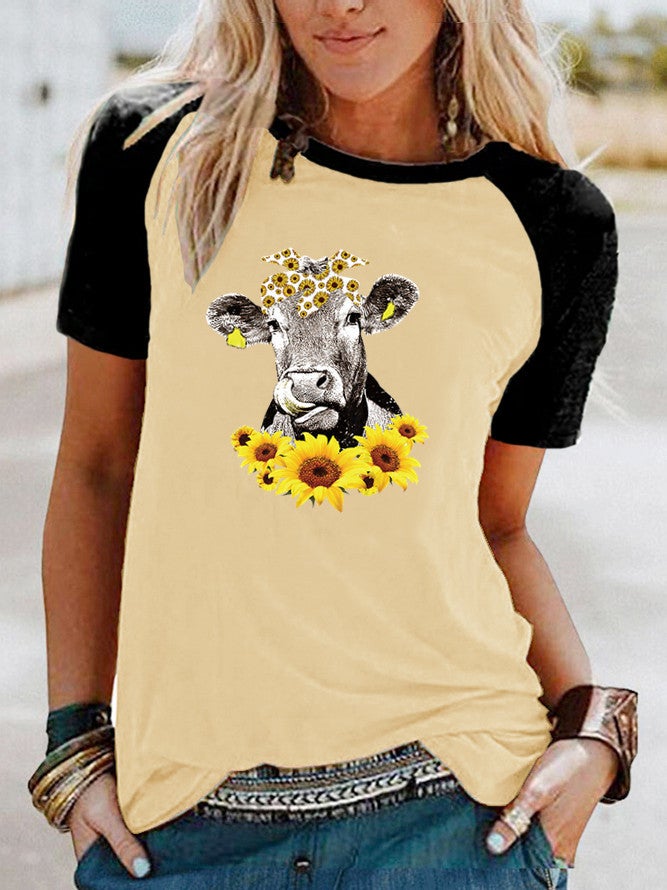 wish cow sunflower print Raglan contrast short sleeve t-shirt - Image 3
