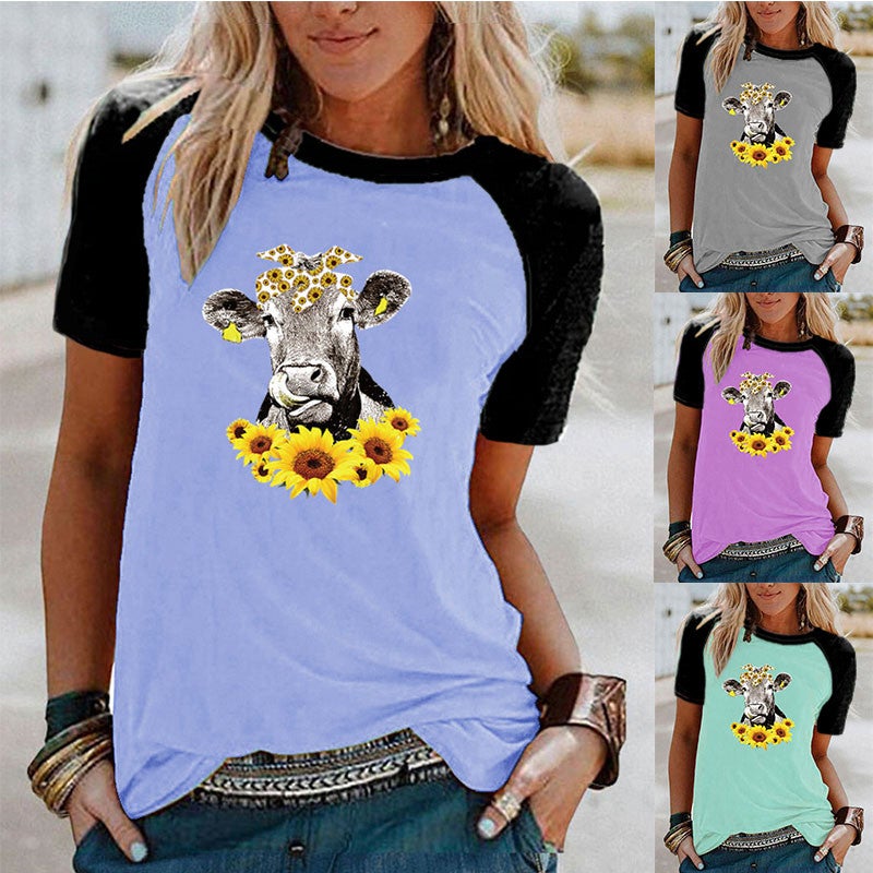wish cow sunflower print Raglan contrast short sleeve t-shirt - Image 2