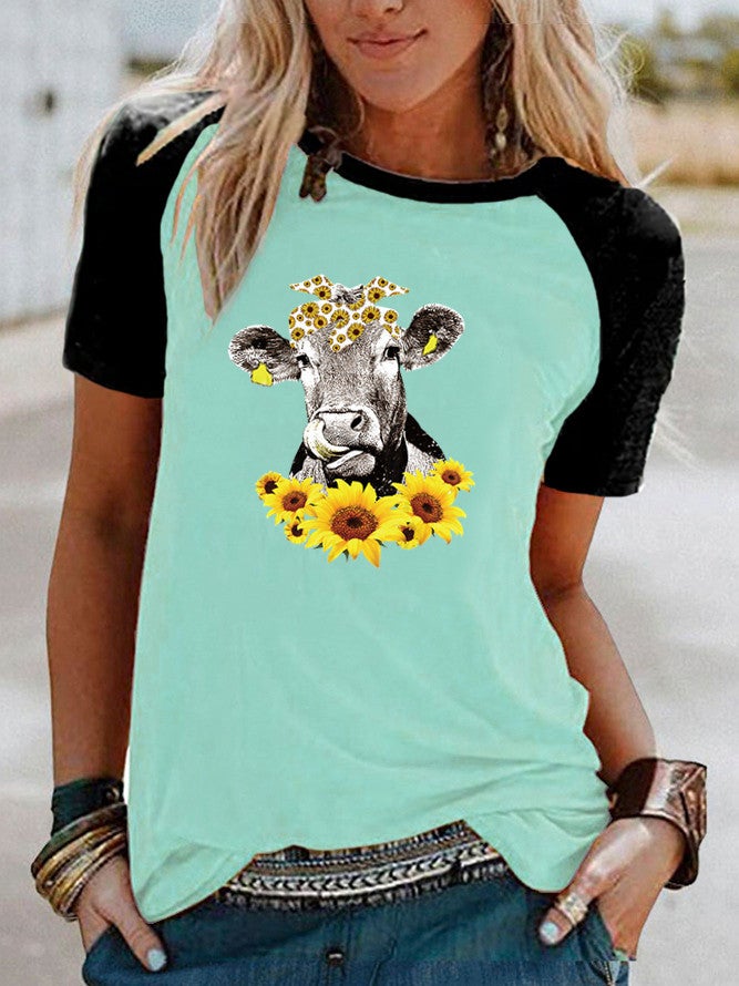 wish cow sunflower print Raglan contrast short sleeve t-shirt - Image 5