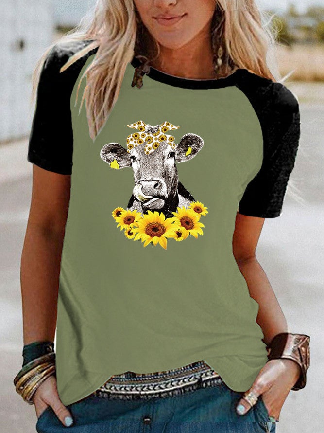 wish cow sunflower print Raglan contrast short sleeve t-shirt - Image 4
