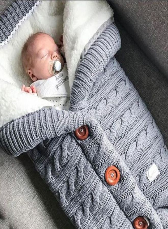 European and American autumn and winter baby stroller sleeping bag outdoor buttons baby knitted sleeping bag twist wool plus velvet thickened hug quilt Medium gray Sleeping bag 400g - Image 1