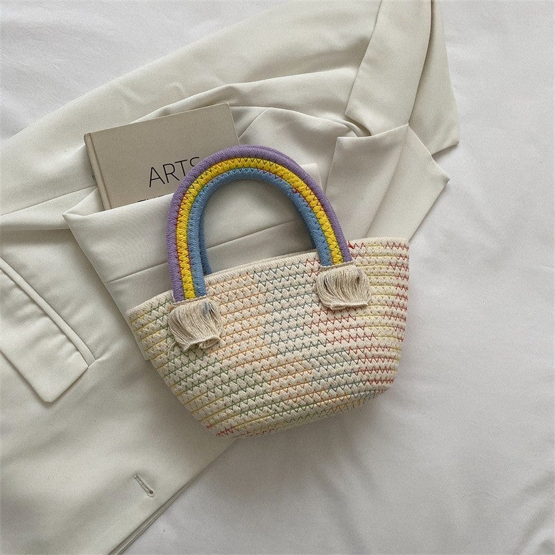 2022 Fashion Rattan Bag Womens Casual Shoulder Bucket Rainbow bag color line
