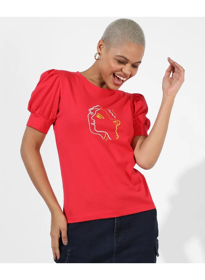 Campus Sutra Women's Red Printed Regular Fit Top