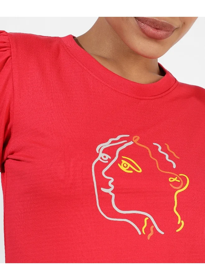 Campus Sutra Women's Red Printed Regular Fit Top
