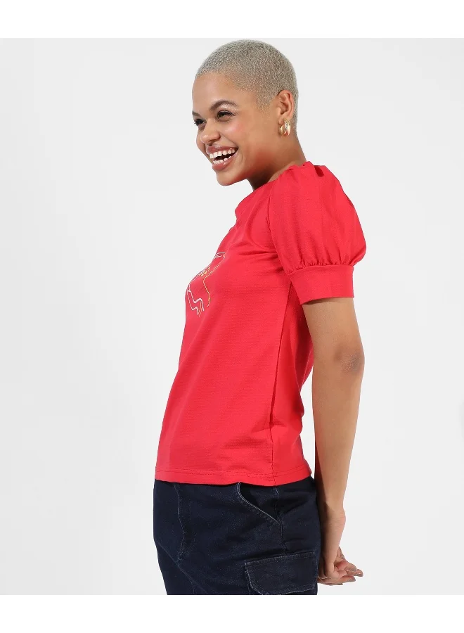 Campus Sutra Women's Red Printed Regular Fit Top