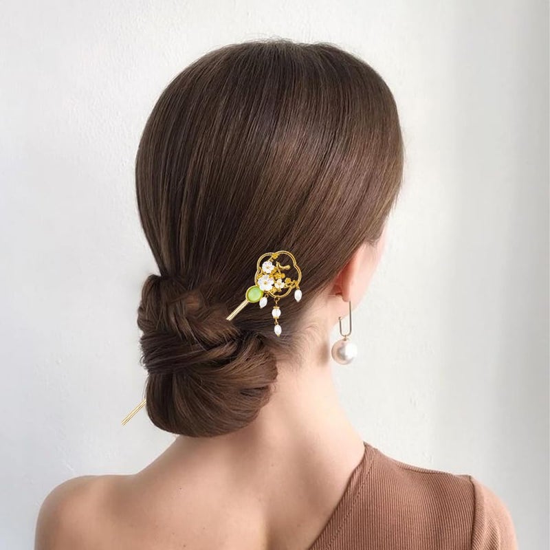 Arvintas 10PCS Gold Decorative Vintage Retro Pearl Gold Metal Hair Sticks Pins with Pendants Chinese Hanfu Asian Flower Butterfly Hair Chopsticks Hair Bun Updo Holders Long Thick Hair Accessories for Women - Image 3