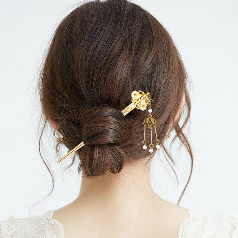 Arvintas 10PCS Gold Decorative Vintage Retro Pearl Gold Metal Hair Sticks Pins with Pendants Chinese Hanfu Asian Flower Butterfly Hair Chopsticks Hair Bun Updo Holders Long Thick Hair Accessories for Women - Image 4