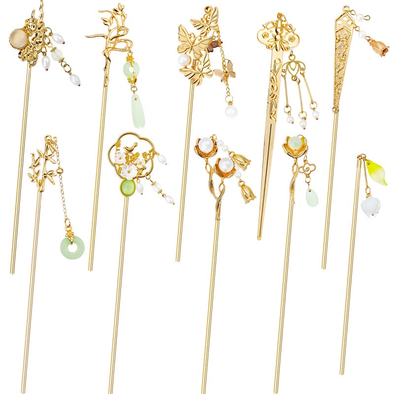 Arvintas 10PCS Gold Decorative Vintage Retro Pearl Gold Metal Hair Sticks Pins with Pendants Chinese Hanfu Asian Flower Butterfly Hair Chopsticks Hair Bun Updo Holders Long Thick Hair Accessories for Women - Image 1