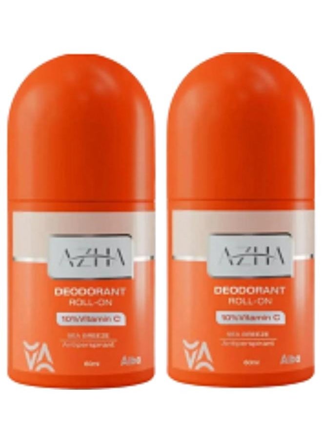 AZHA 2 Pieces Deodorant Roll-On Sea Breeze 10% Vitamin C Protection 48 Hours Delays Hair Growth Whitening 60ml 