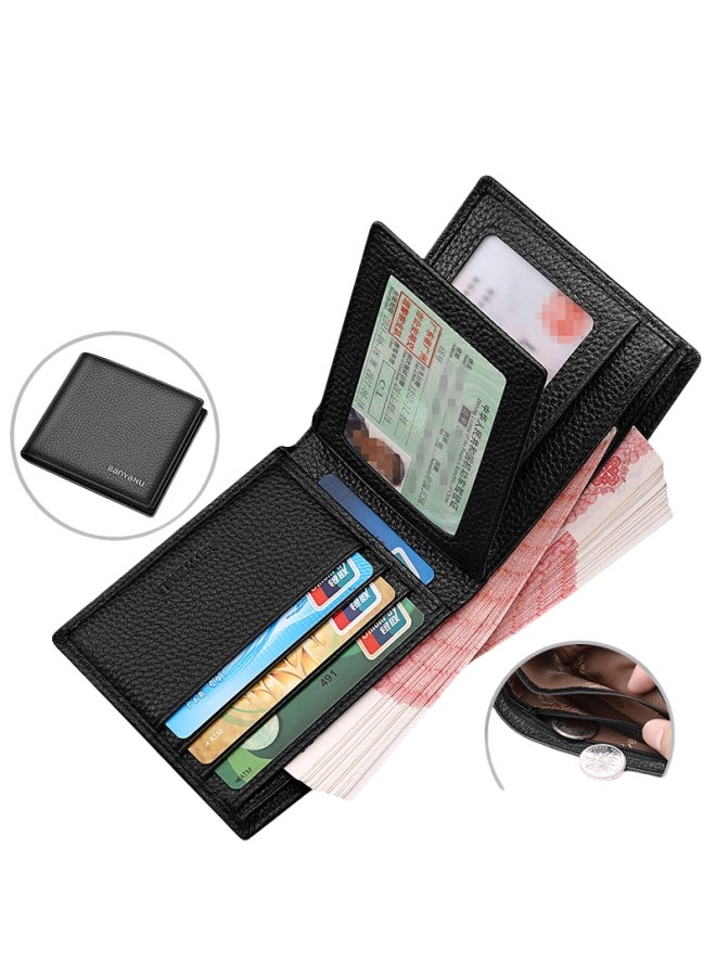 banyanu Men's Leather Short Wallet, Simple Wallet, Thin Wallet, Black - Image 1