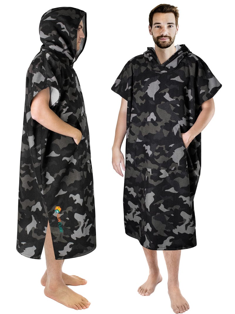 Suncube SUN CUBE Surf Poncho Changing Robe with Hood, Thick Quick Dry Microfiber Wetsuit Changing Towel for Surfing Beach Swim Outdoor Sports Men, Absorbent Wearable Towel Cover Up with Pocket, Camo Black - Image 1