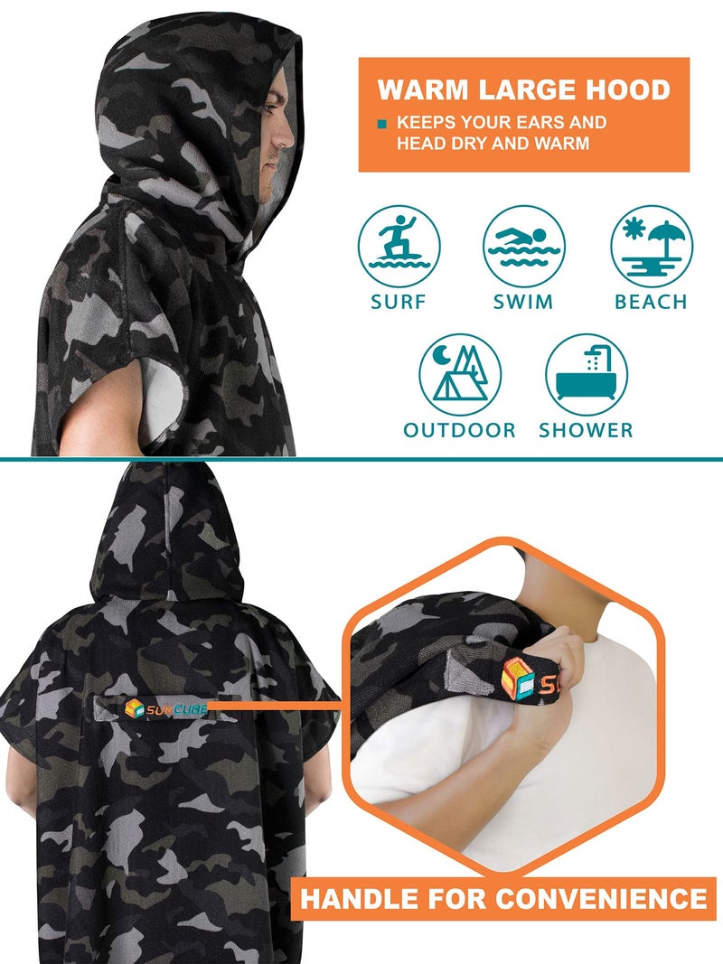 Suncube SUN CUBE Surf Poncho Changing Robe with Hood, Thick Quick Dry Microfiber Wetsuit Changing Towel for Surfing Beach Swim Outdoor Sports Men, Absorbent Wearable Towel Cover Up with Pocket, Camo Black - Image 4