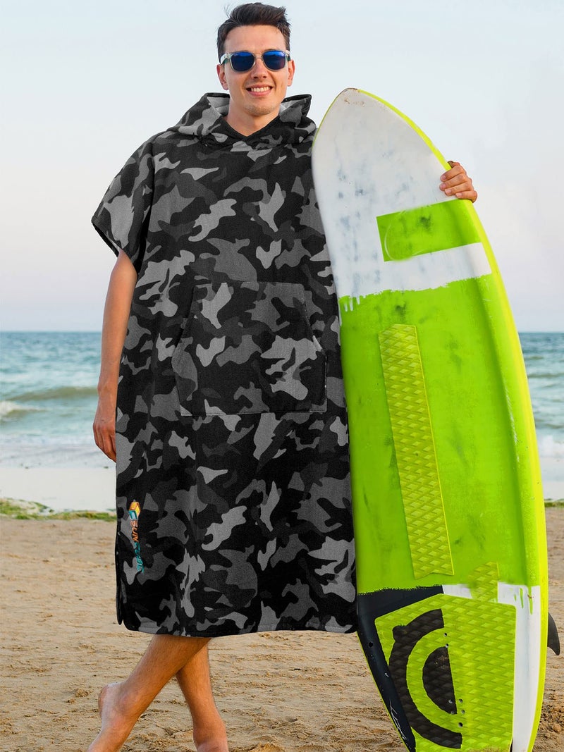 Suncube SUN CUBE Surf Poncho Changing Robe with Hood, Thick Quick Dry Microfiber Wetsuit Changing Towel for Surfing Beach Swim Outdoor Sports Men, Absorbent Wearable Towel Cover Up with Pocket, Camo Black - Image 2