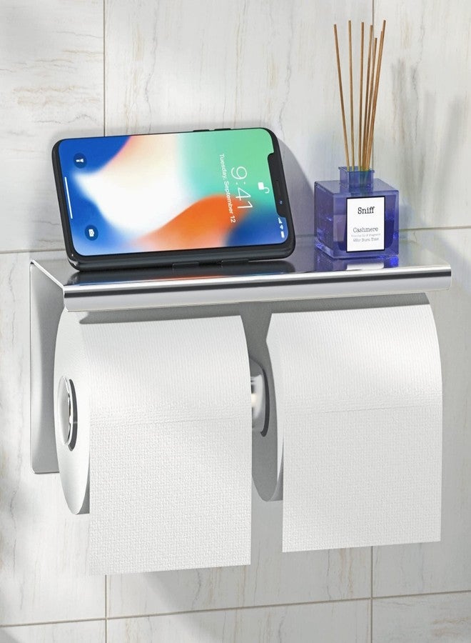 yeavs Double Toilet Paper Holder SUS 304 Stainless Steel Tissue Roll Rack with Phone Storage Shelf (Polished Chrome) - Image 5