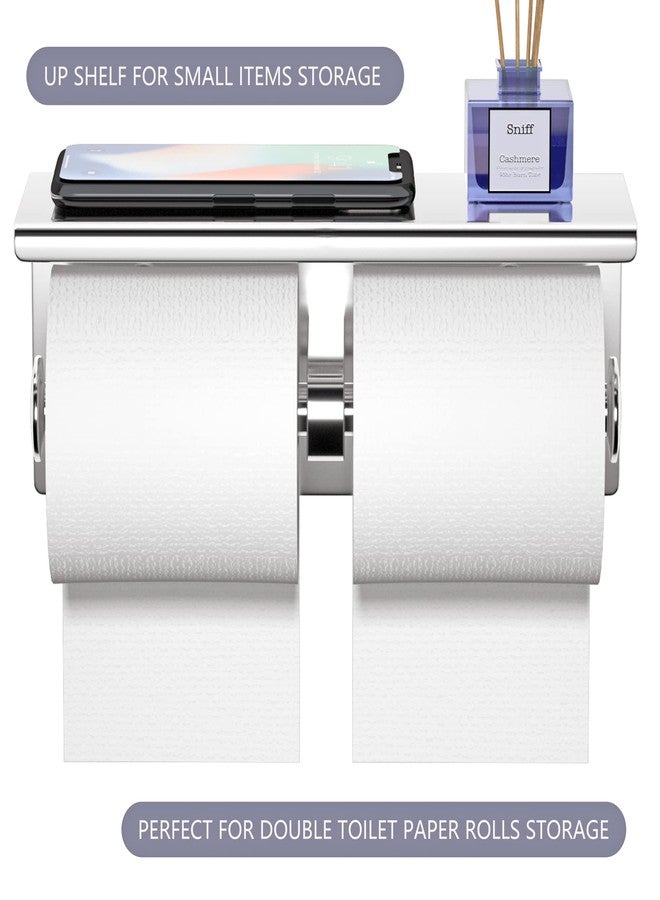 yeavs Double Toilet Paper Holder SUS 304 Stainless Steel Tissue Roll Rack with Phone Storage Shelf (Polished Chrome) - Image 3