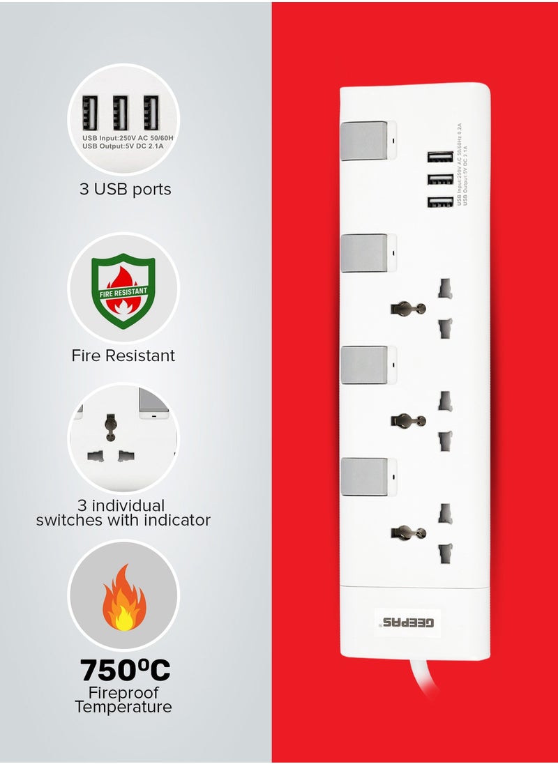 GEEPAS - 3 Ways Extension Socket With Individual Switch Control & Indication, 5m Cord Length, USB Output, 750 Degree C Fireproof Temperature, Multi Plug Power Cable, High Quality, Heavy Duty Power Switch - Image 1