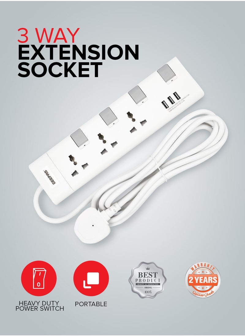 GEEPAS - 3 Ways Extension Socket With Individual Switch Control & Indication, 5m Cord Length, USB Output, 750 Degree C Fireproof Temperature, Multi Plug Power Cable, High Quality, Heavy Duty Power Switch - Image 1