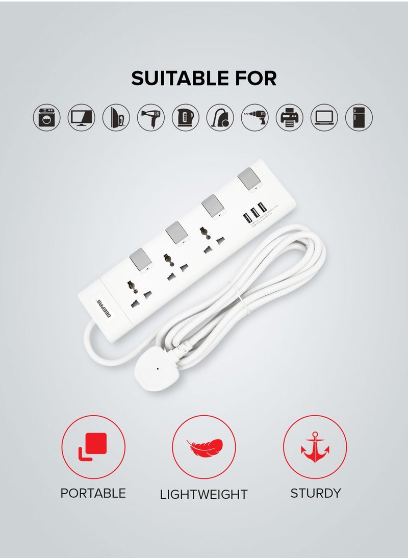GEEPAS - 3 Ways Extension Socket With Individual Switch Control & Indication, 5m Cord Length, USB Output, 750 Degree C Fireproof Temperature, Multi Plug Power Cable, High Quality, Heavy Duty Power Switch - Image 1