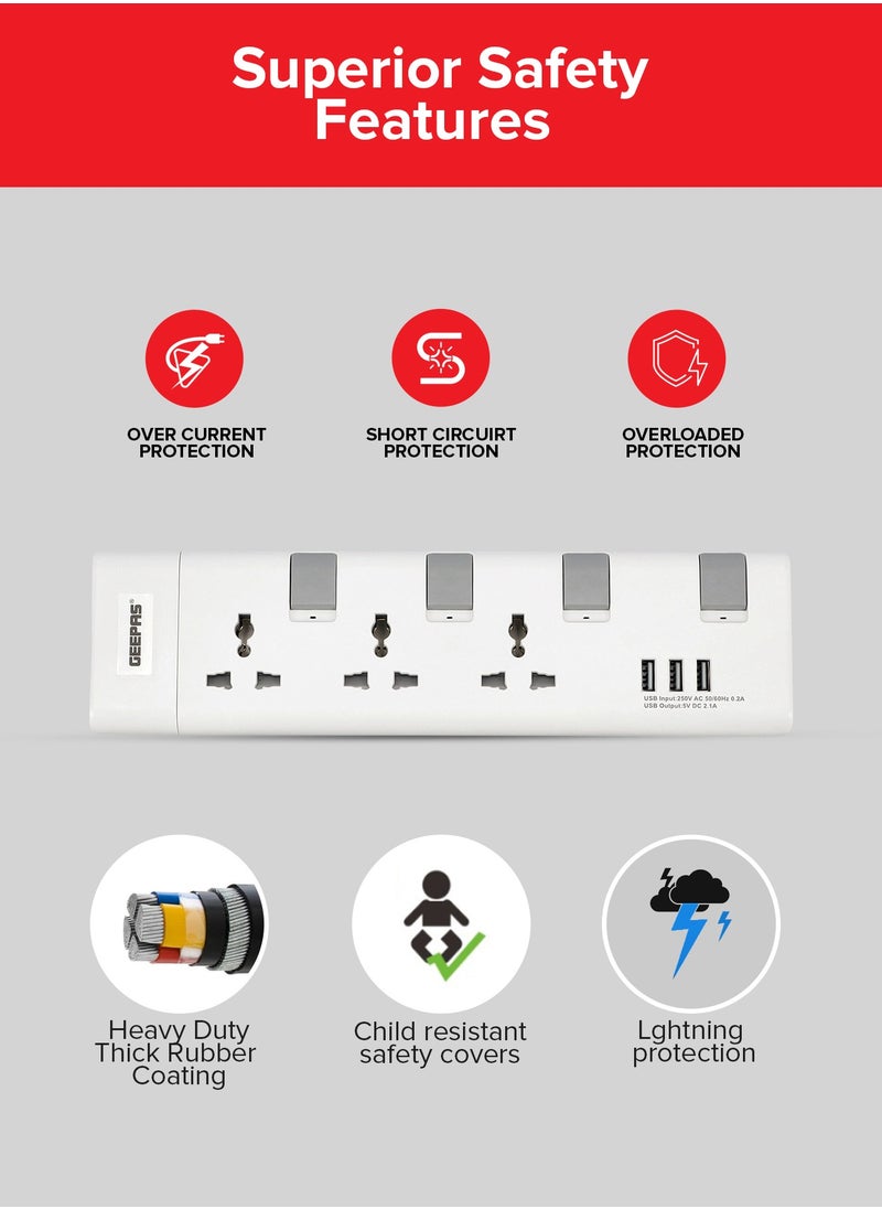 GEEPAS - 3 Ways Extension Socket With Individual Switch Control & Indication, 5m Cord Length, USB Output, 750 Degree C Fireproof Temperature, Multi Plug Power Cable, High Quality, Heavy Duty Power Switch - Image 1