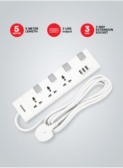 3 Ways Extension Socket With Individual Switch Control & Indication, 5m Cord Length, USB Output, 750 Degree C Fireproof Temperature, Multi Plug Power Cable, High Quality, Heavy Duty Power Switch