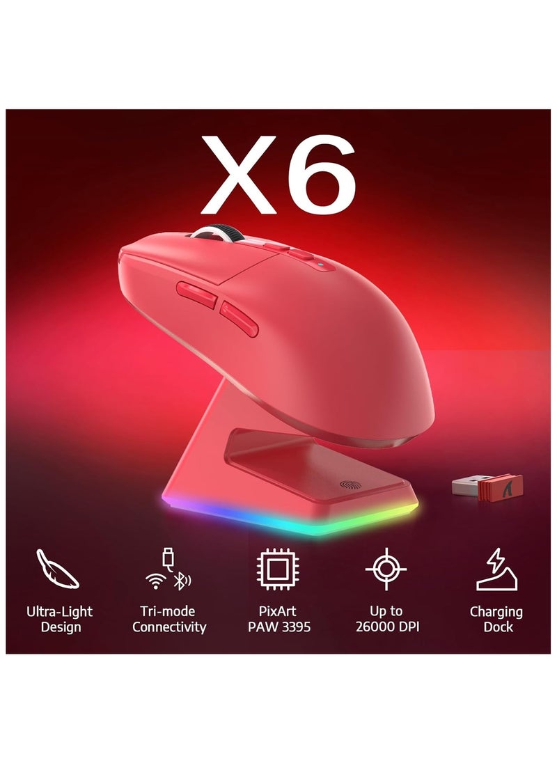MANBASNAKE - ATTACK SHARK X6 49g Superlight Wireless Gaming Mouse with Magnetic RGB Charging Base, Ultralight Mice PixArt PAW3395 Sensor, 26000DPI, BT/2.4G Wireless/Wired Mouse, 200Hrs Battery for Win/Mac (Red) - Image 1