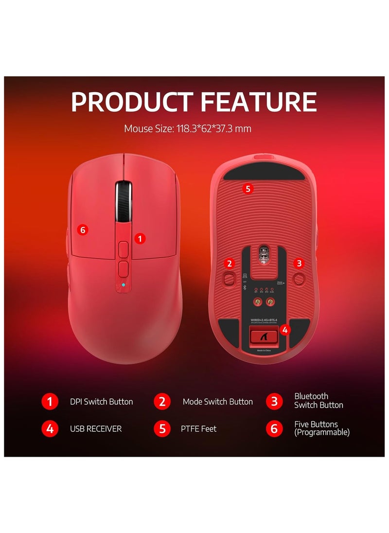 MANBASNAKE - ATTACK SHARK X6 49g Superlight Wireless Gaming Mouse with Magnetic RGB Charging Base, Ultralight Mice PixArt PAW3395 Sensor, 26000DPI, BT/2.4G Wireless/Wired Mouse, 200Hrs Battery for Win/Mac (Red) - Image 1