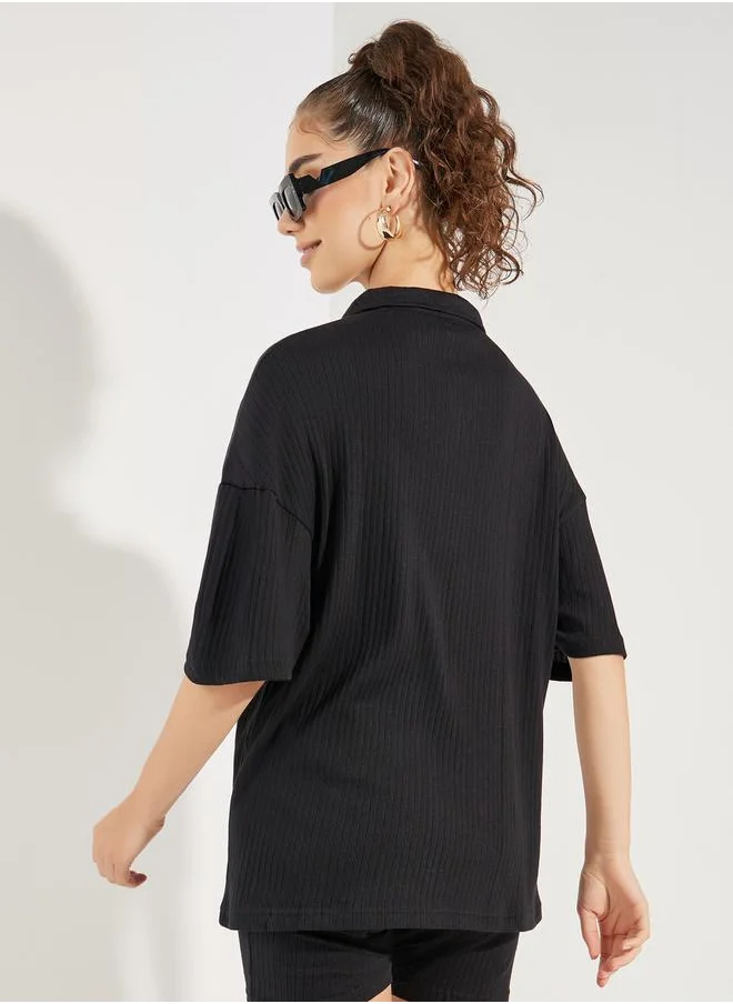 Styli Oversized Dropped Shoulder Ribbed Polo T-Shirt