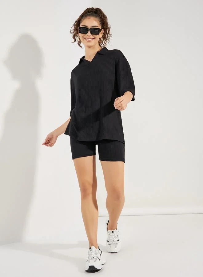 Styli Oversized Dropped Shoulder Ribbed 100% Cotton Polo T-Shirt