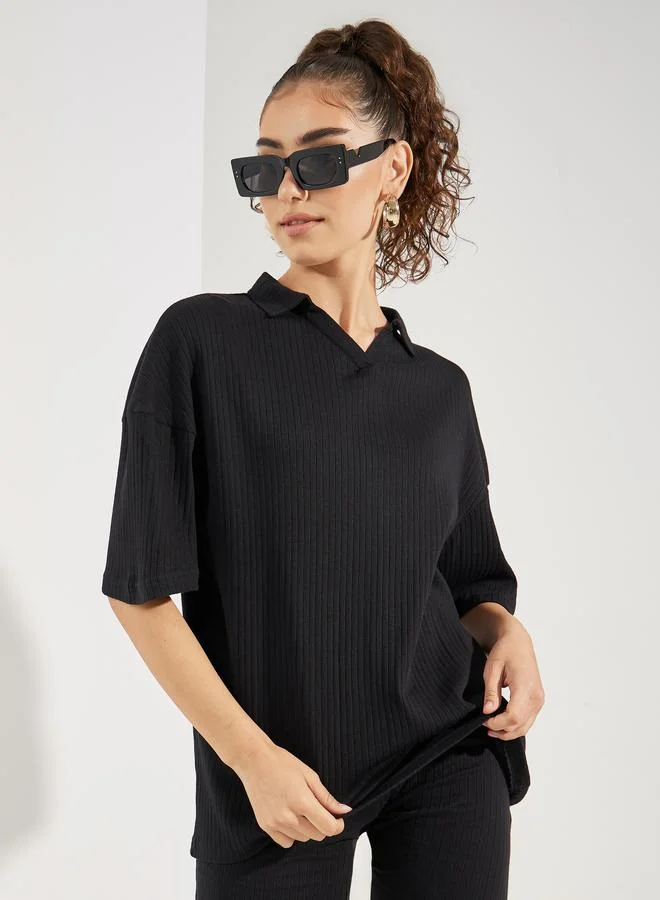 Styli Oversized Dropped Shoulder Ribbed 100% Cotton Polo T-Shirt