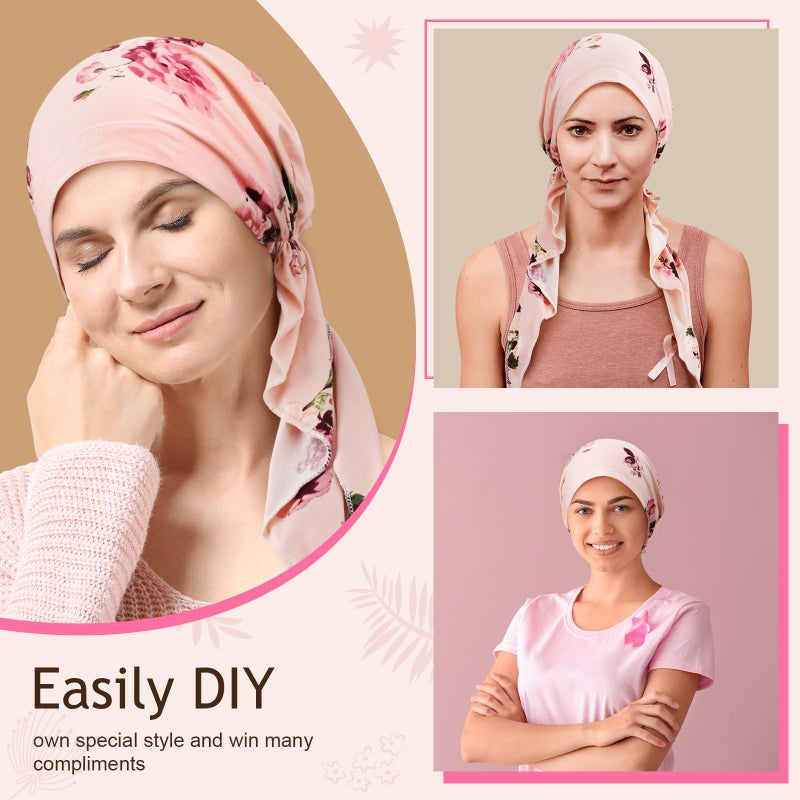 Halfchet 4 Pcs Chemo Headwear for Women Pre Tied Cancer Caps Cotton Head Scarf Turbans for Women Patients Gifts(Floral Pattern) - Image 3