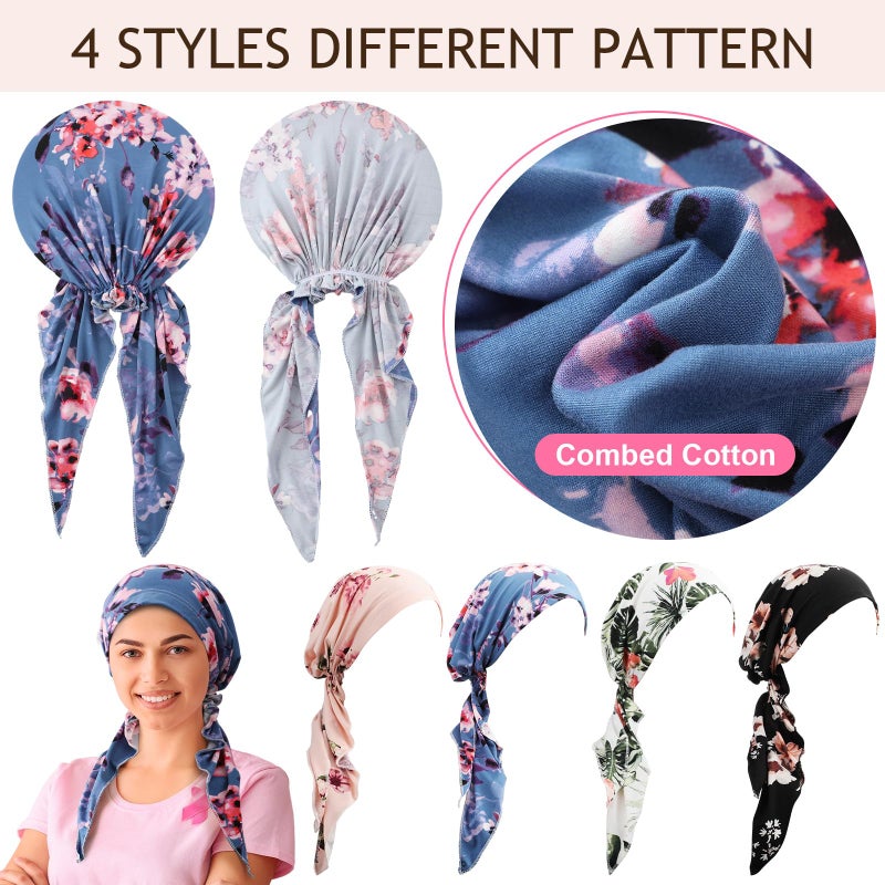 Halfchet 4 Pcs Chemo Headwear for Women Pre Tied Cancer Caps Cotton Head Scarf Turbans for Women Patients Gifts(Floral Pattern) - Image 2