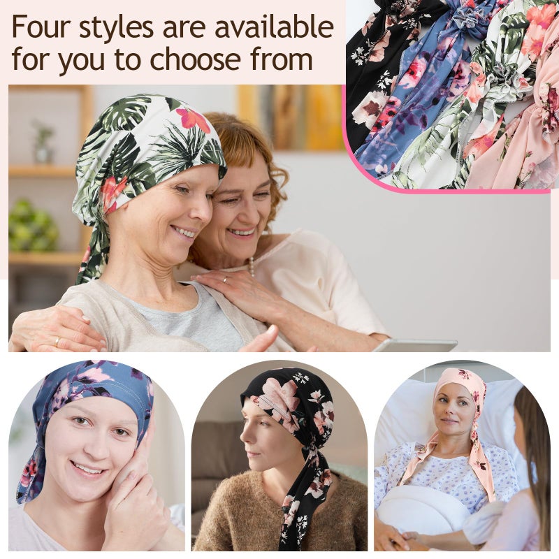 Halfchet 4 Pcs Chemo Headwear for Women Pre Tied Cancer Caps Cotton Head Scarf Turbans for Women Patients Gifts(Floral Pattern) - Image 4