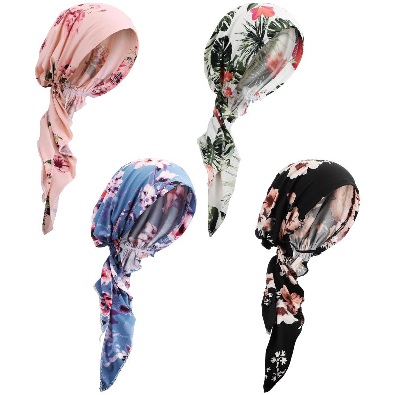 Halfchet 4 Pcs Chemo Headwear for Women Pre Tied Cancer Caps Cotton Head Scarf Turbans for Women Patients Gifts(Floral Pattern) - Image 1