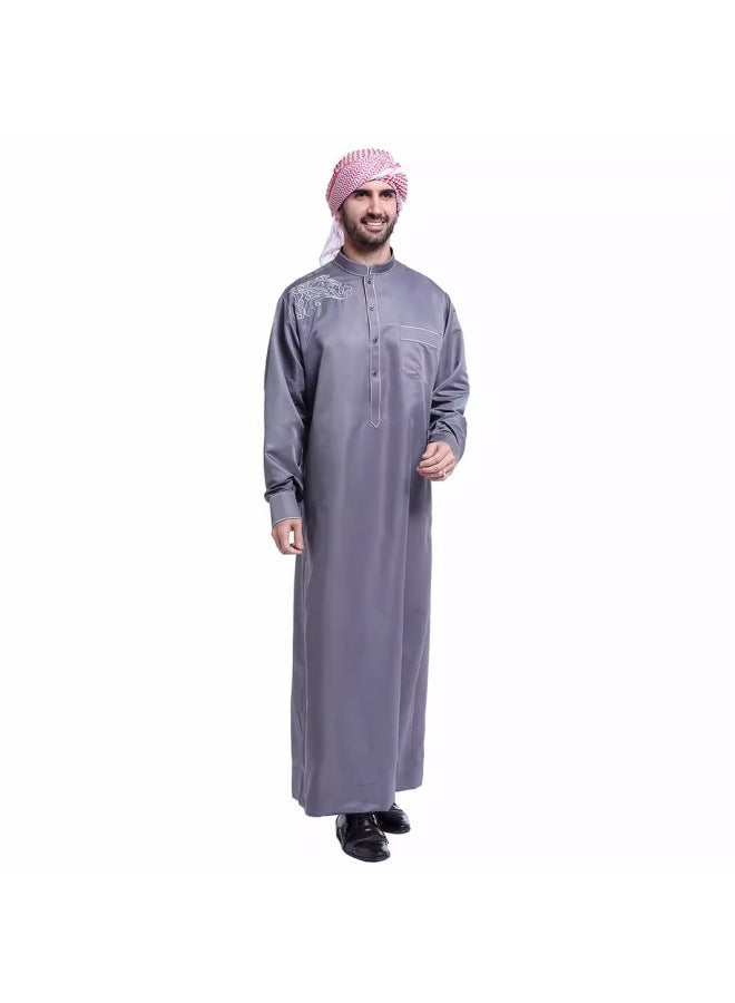 عباية - قميص رجالي طويل بياقة واقفة - رمادي فضي - ملابس تقليدية، ملابس إسلامية، زي إسلامي، زي تراثي، قفطان دبي - Image 4