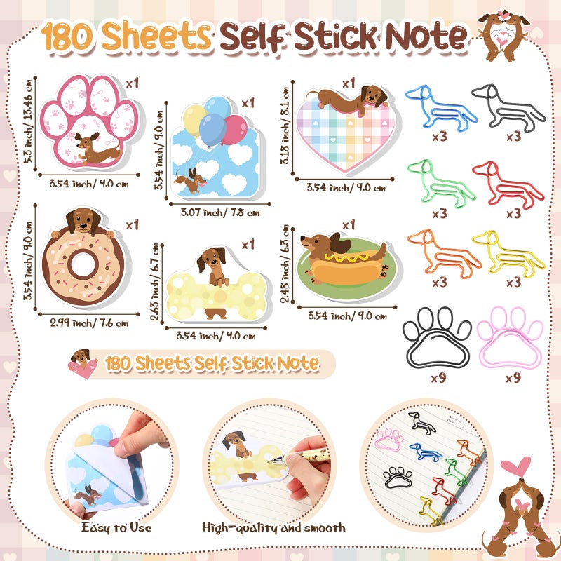 Gilprop 54 Pcs Dachshund Lover Gifts 6 Pads Sticky Notes Memo Note 12 Cute Ballpoint Pens 36 Dachshund Paw Shaped Colorful Paper Clips Bookmarks for Office Supplies Theme Party Favor Coworker Gift - Image 3
